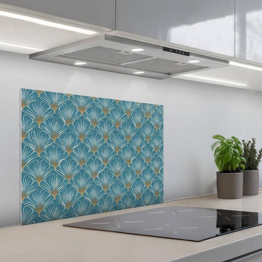 KitchenYeah Spatscherm 70x55 cm Zelfklevende achterwand Symmetrisch Patroon Blauw Keuken muurbeschermer Spatwand fornuis