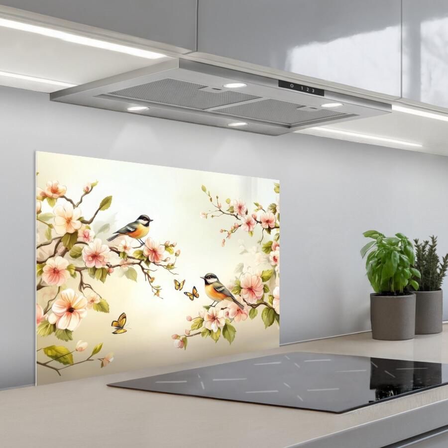 KitchenYeah Spatscherm 70x50 cm Zelfklevende achterwand Takken Bloemen Vogeltjes Roze Keuken muurbeschermer Spatwand fornuis
