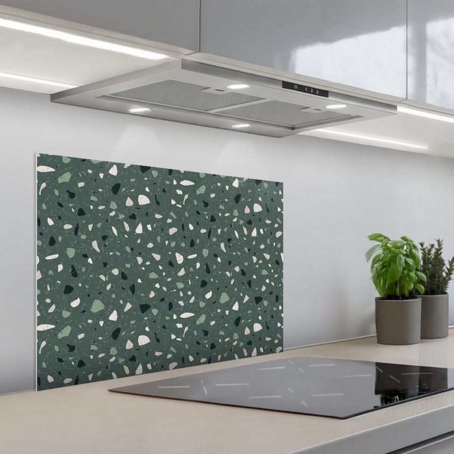 KitchenYeah Spatscherm 70x55 cm Zelfklevende achterwand Terrazzo Patroon Kleurrijk Groen Keuken muurbeschermer Spatwand fornuis