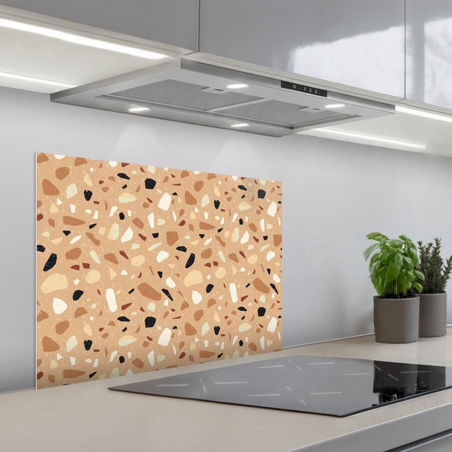 KitchenYeah Spatscherm 70x50 cm Zelfklevende achterwand Terrazzo Patroon Kleurrijk Oranje Keuken muurbeschermer Spatwand fornuis