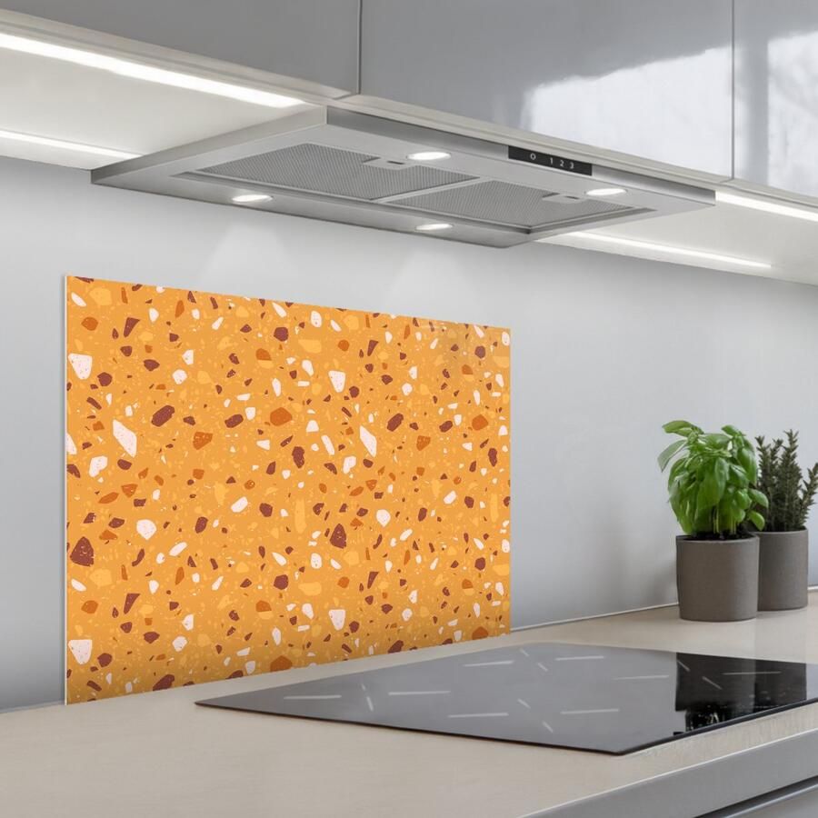 KitchenYeah Spatscherm 70x55 cm Zelfklevende achterwand Terrazzo Patroon Okergeel Keuken muurbeschermer Spatwand fornuis