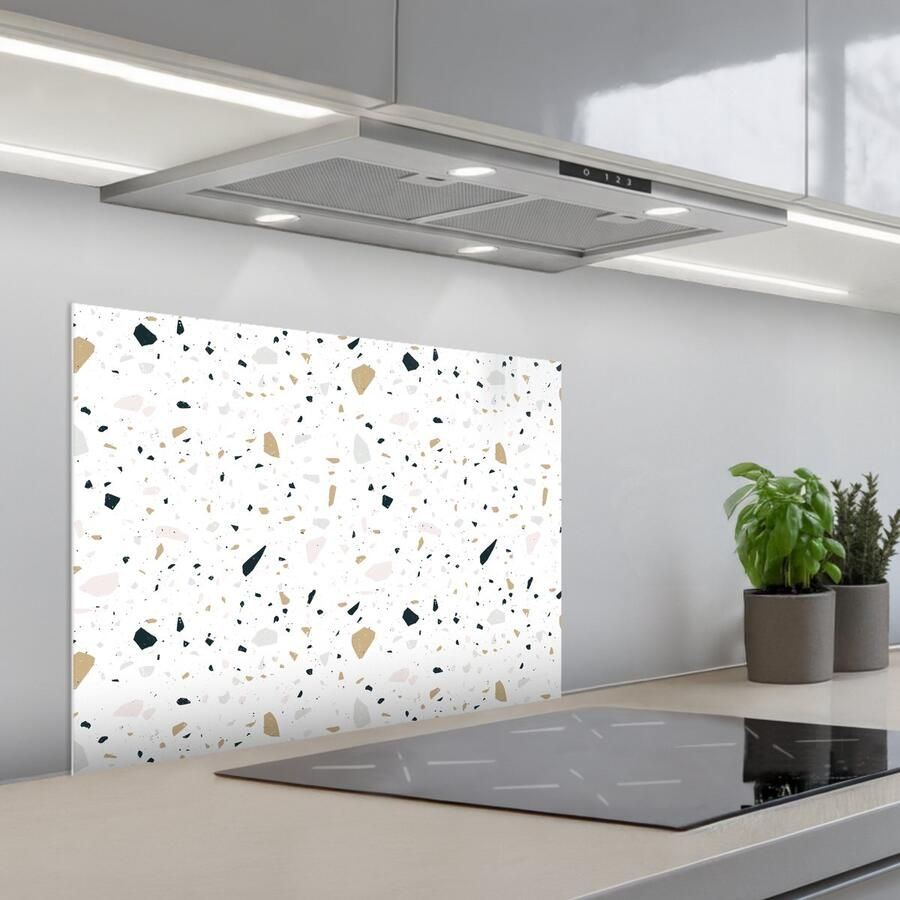 KitchenYeah Spatscherm 70x55 cm Zelfklevende achterwand Terrazzo Patroon Wit Neutraal Keuken muurbeschermer Spatwand fornuis