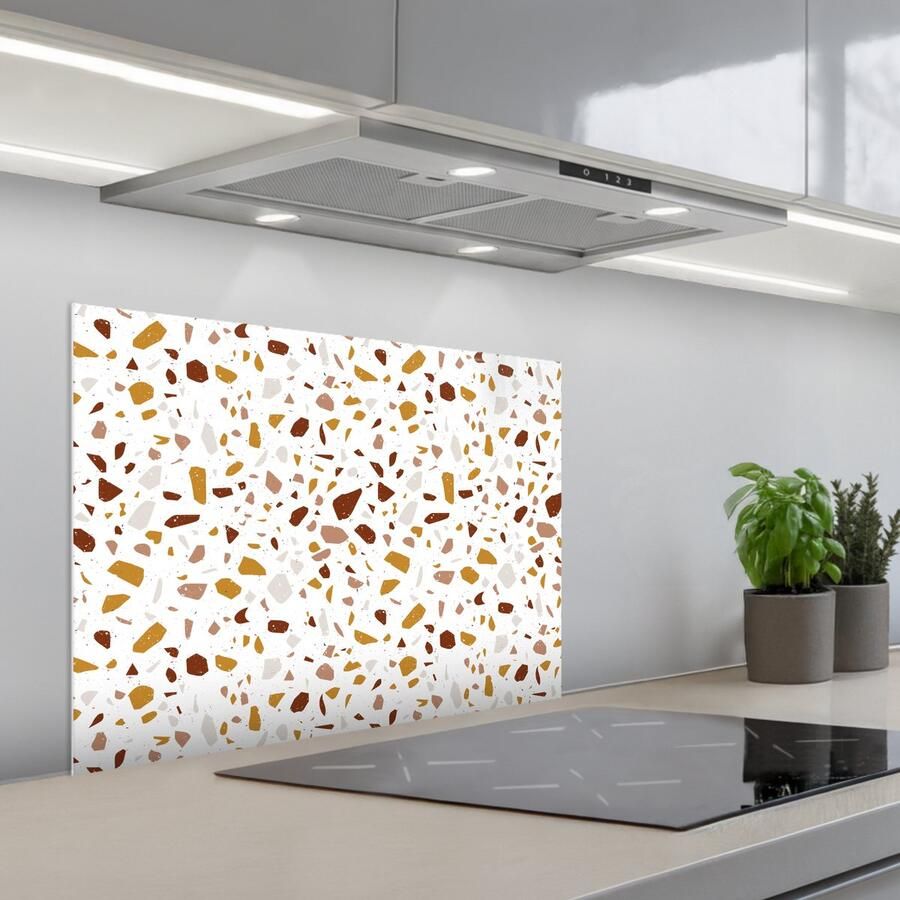 KitchenYeah Spatscherm 70x55 cm Zelfklevende achterwand Terrazzo Patroon Wit Urban Keuken muurbeschermer Spatwand fornuis