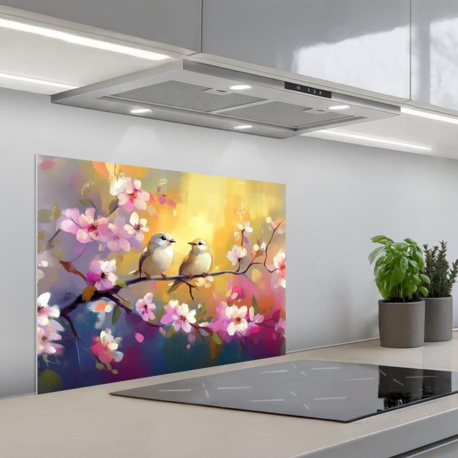 KitchenYeah Spatscherm 70x55 cm Zelfklevende achterwand Vogels Bloemen Roze Keuken muurbeschermer Spatwand fornuis