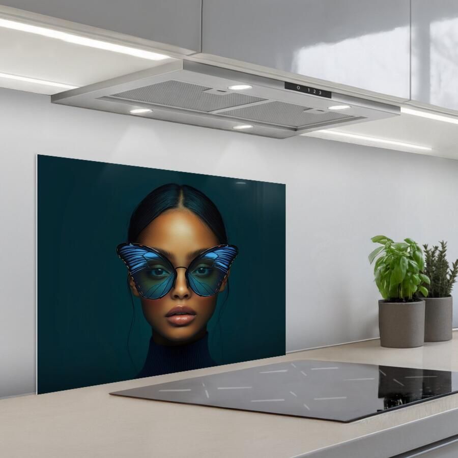 KitchenYeah Spatscherm 70x55 cm Zelfklevende achterwand Vrouw Vlinder Bril Blauw Modern Portret Keuken muurbeschermer Spatwand fornuis