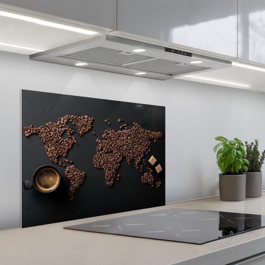 KitchenYeah Spatscherm 70x55 cm Zelfklevende achterwand Wereldkaart Espresso Zwart Keuken muurbeschermer Spatwand fornuis