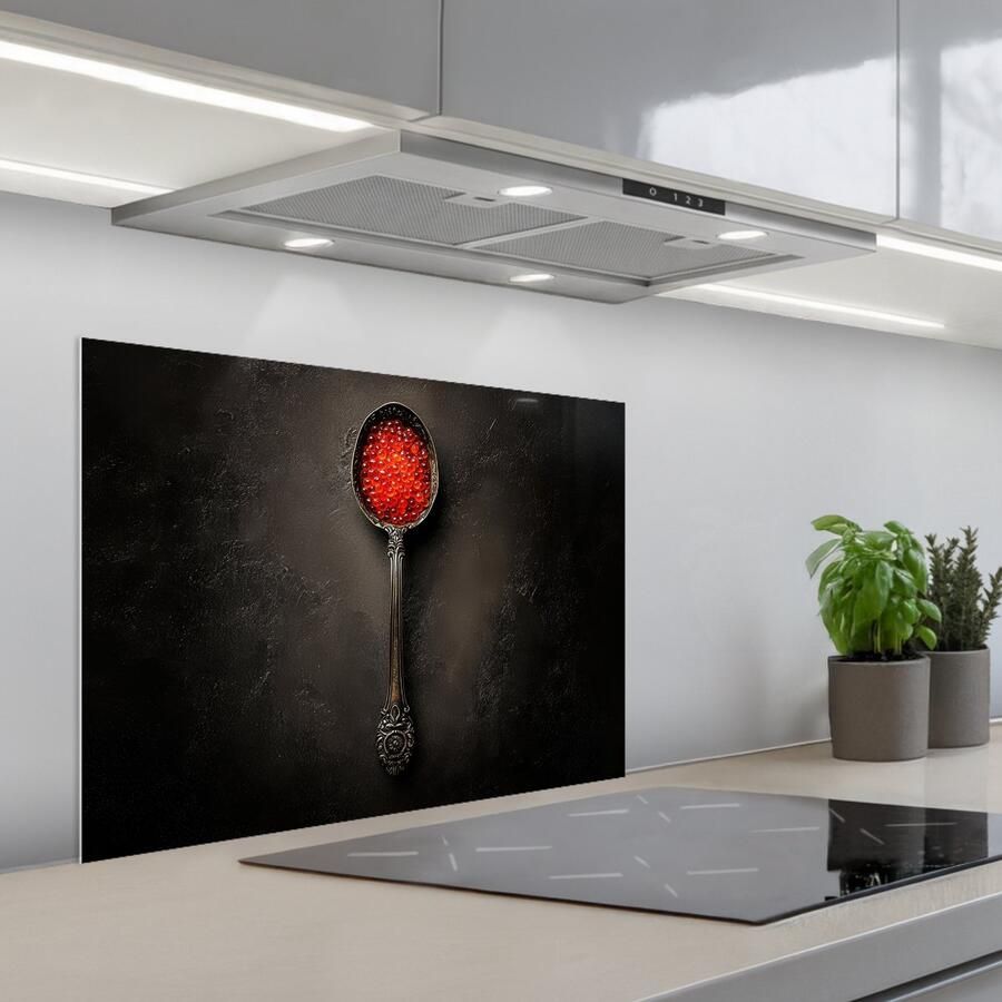 KitchenYeah Spatscherm 70x50 cm Zelfklevende achterwand Zwart Lepel Caviar Keuken muurbeschermer Spatwand fornuis