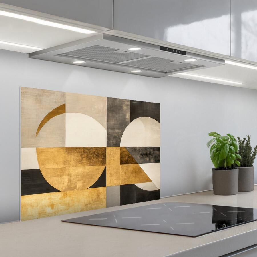 KitchenYeah Spatscherm 70x55 cm Zelfklevende achterwand Abstract Goud Grijs Vormen Geometrisch Keuken muurbeschermer Spatwand fornuis
