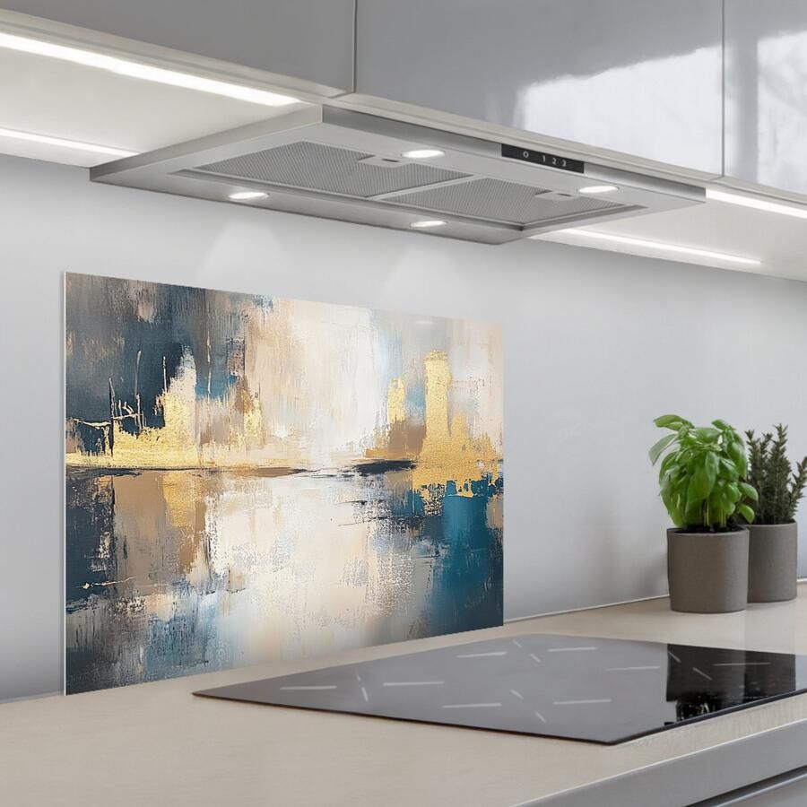 KitchenYeah Spatscherm 70x50 cm Zelfklevende achterwand Abstract Kunst Goud Keuken muurbeschermer Spatwand fornuis