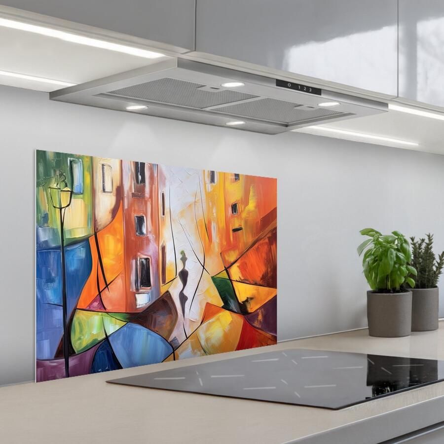 KitchenYeah Spatscherm 70x55 cm Zelfklevende achterwand Abstract Kunst Schilderij Kleuren Keuken muurbeschermer Spatwand fornuis