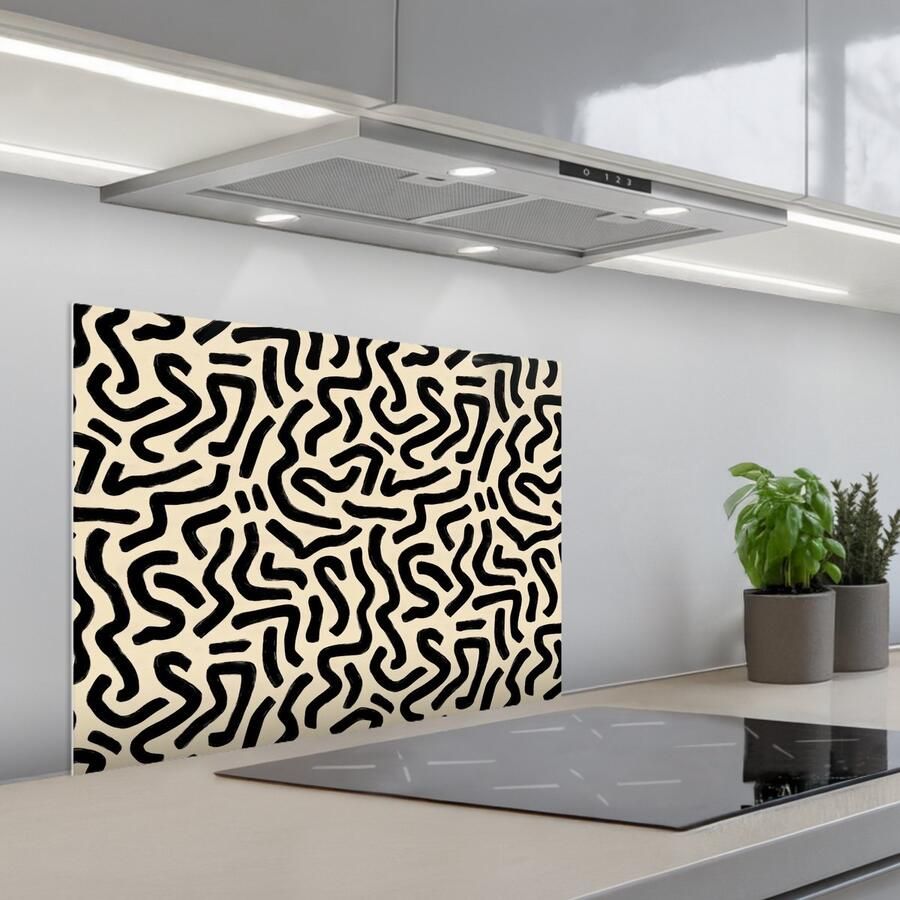 KitchenYeah Spatscherm 70x50 cm Zelfklevende achterwand Abstract Lijnen Zwart Keuken muurbeschermer Spatwand fornuis