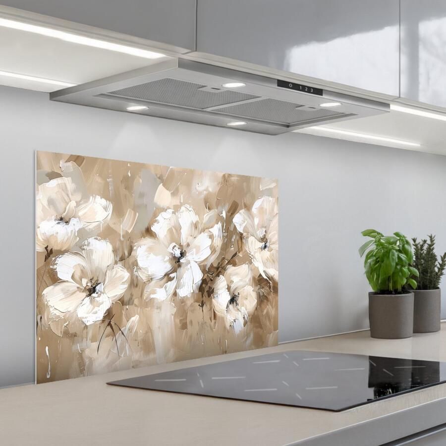 KitchenYeah Spatscherm 70x50 cm Zelfklevende achterwand Bloemen Beige Abstract Modern Keuken muurbeschermer Spatwand fornuis