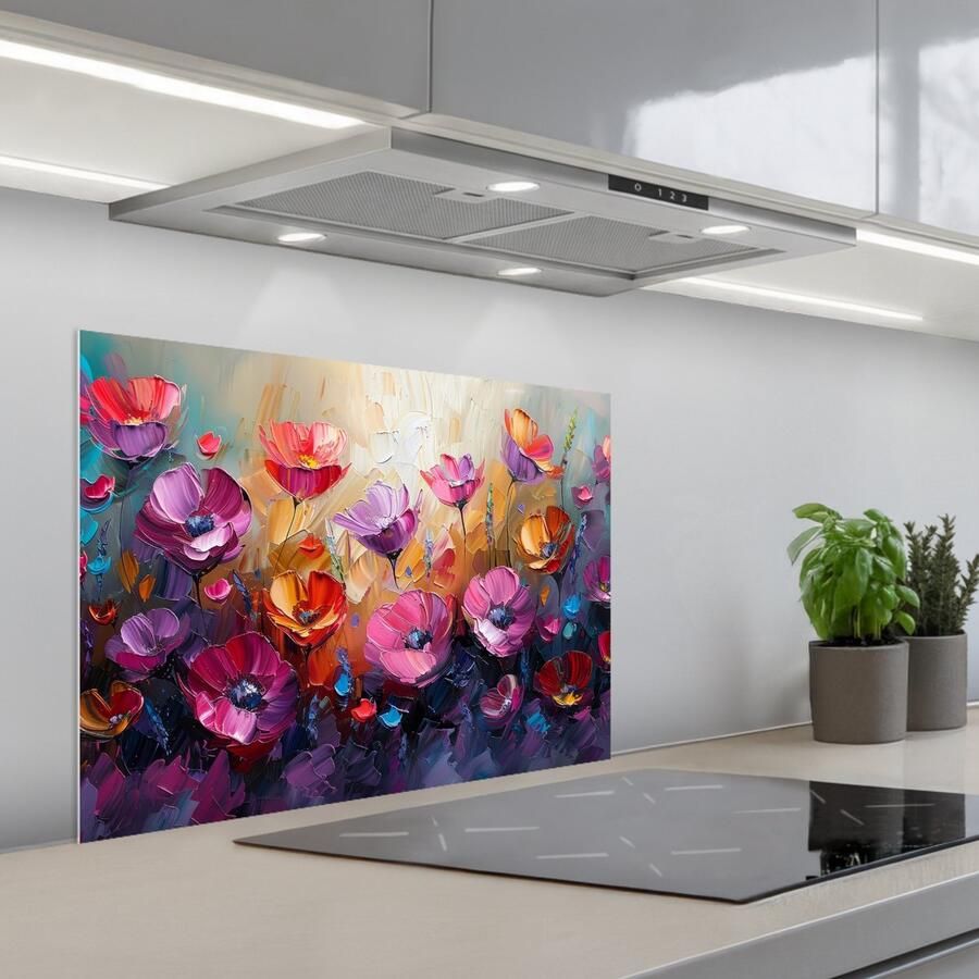 KitchenYeah Spatscherm 70x55 cm Zelfklevende achterwand Bloemen Paars Kleurrijk Handgeschilderd Kunst Keuken muurbeschermer Spatwand fornuis