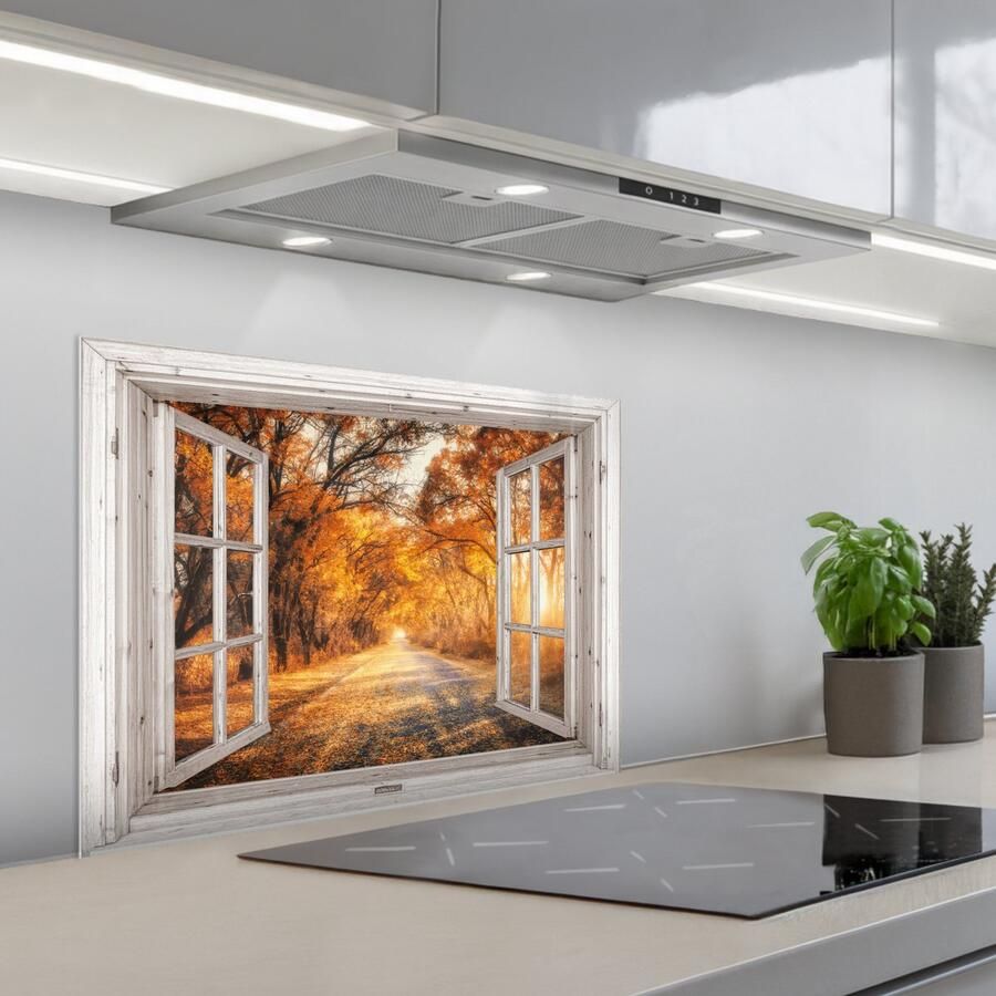 KitchenYeah Spatscherm 70x50 cm Zelfklevende achterwand Bos Herfst Bomen Bospad Natuur Doorkijk Keuken muurbeschermer Spatwand fornuis