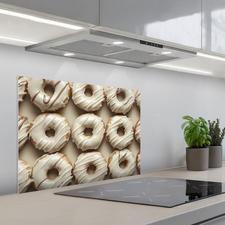 KitchenYeah Spatscherm 70x55 cm Zelfklevende achterwand Donuts Chocolade Wit Beige Keuken muurbeschermer Spatwand fornuis