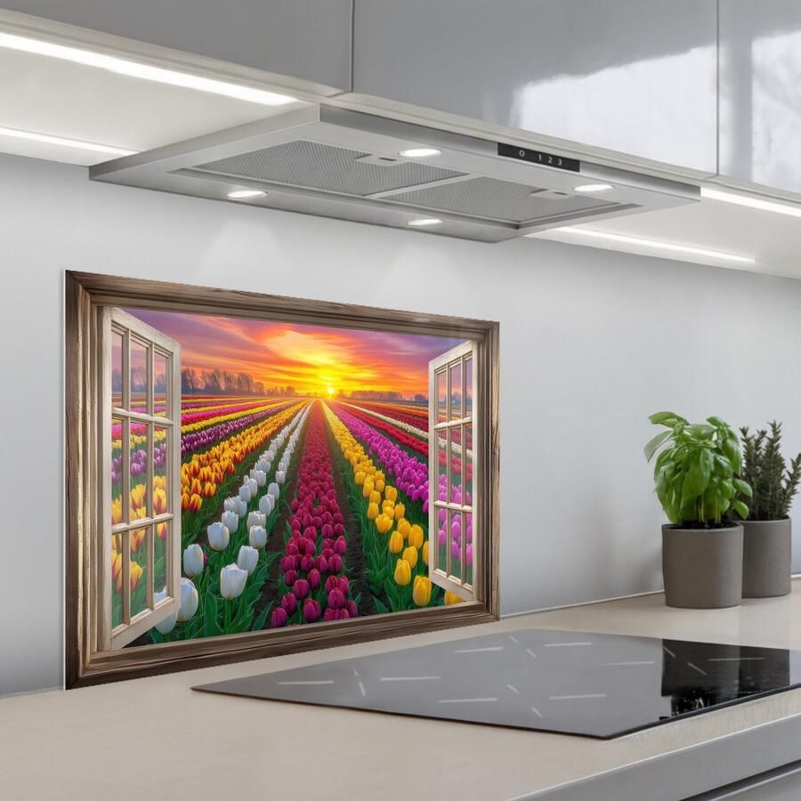 KitchenYeah Spatscherm 70x50 cm Zelfklevende achterwand Doorkijk Bloemen Tulpen Kleurrijk Zonsondergang Keuken muurbeschermer Spatwand fornuis