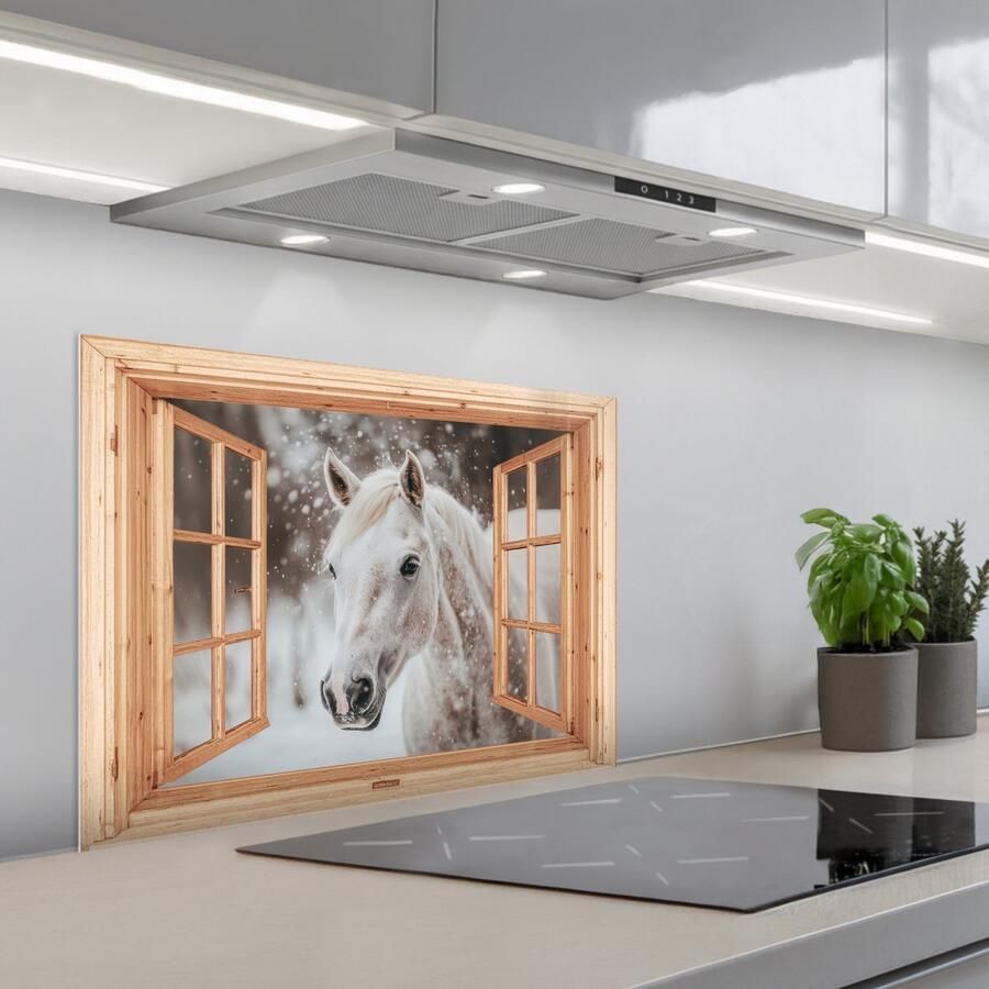 KitchenYeah Spatscherm 70x50 cm Zelfklevende achterwand Doorkijk Paard Wit Winter Sneeuw Dieren Keuken muurbeschermer Spatwand fornuis