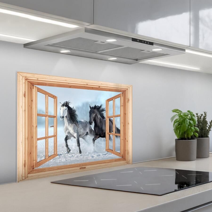 KitchenYeah Spatscherm 70x55 cm Zelfklevende achterwand Doorkijk Paarden Winter Dieren Natuur Hout Keuken muurbeschermer Spatwand fornuis