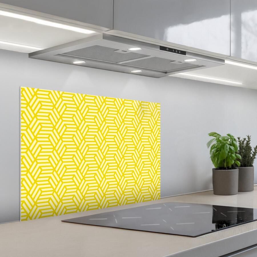 KitchenYeah Spatscherm 70x55 cm Zelfklevende achterwand Geel Patroon Geometrisch Keuken muurbeschermer Spatwand fornuis