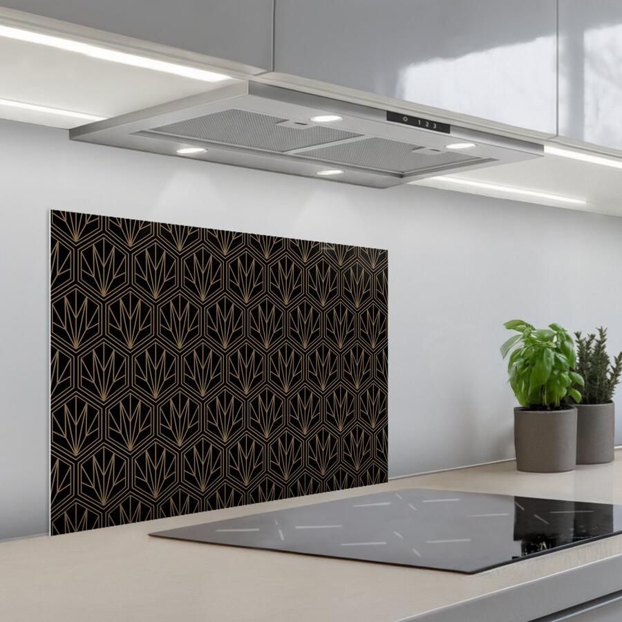 KitchenYeah Spatscherm 70x50 cm Zelfklevende achterwand Goud Zwart Lijnen Keuken muurbeschermer Spatwand fornuis