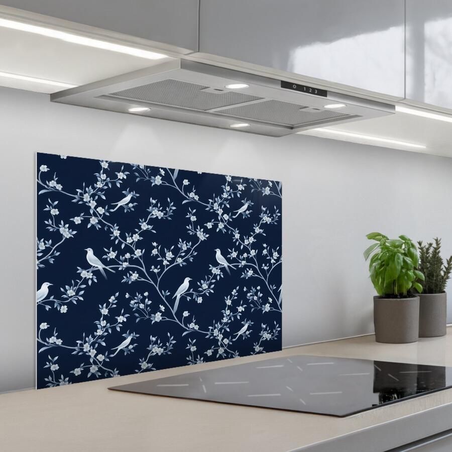 KitchenYeah Spatscherm 70x55 cm Zelfklevende achterwand Grafisch Bloesemtak Blauw Keuken muurbeschermer Spatwand fornuis