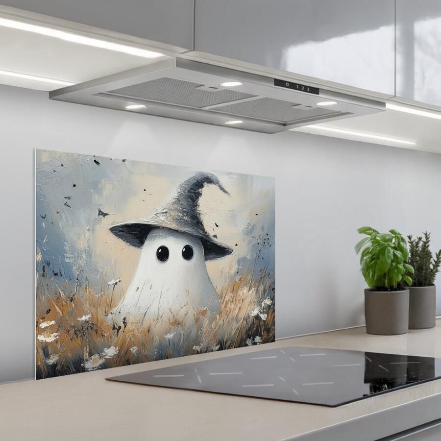 KitchenYeah Spatscherm 70x55 cm Zelfklevende achterwand Halloween Spook Heksenhoed Abstract Grijs Keuken muurbeschermer Spatwand fornuis