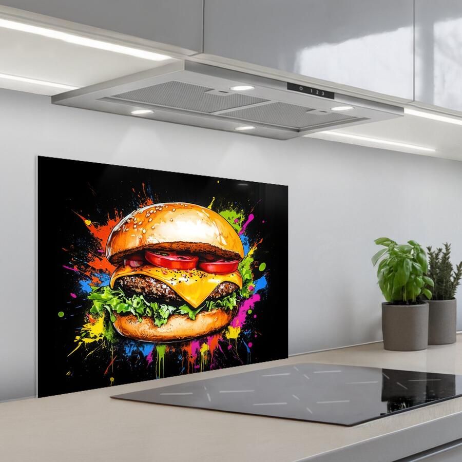 KitchenYeah Spatscherm 70x50 cm Zelfklevende achterwand Hamburger Graffiti Verf Kleurrijk Eten Abstract Keuken muurbeschermer Spatwand fornuis