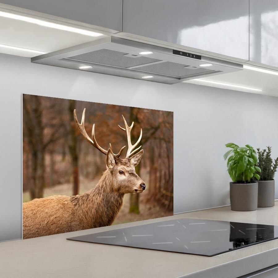 KitchenYeah Spatscherm 70x55 cm Zelfklevende achterwand Hert Dier Bos Herfst Hertenkop Bruin Natuur Keuken muurbeschermer Spatwand fornuis
