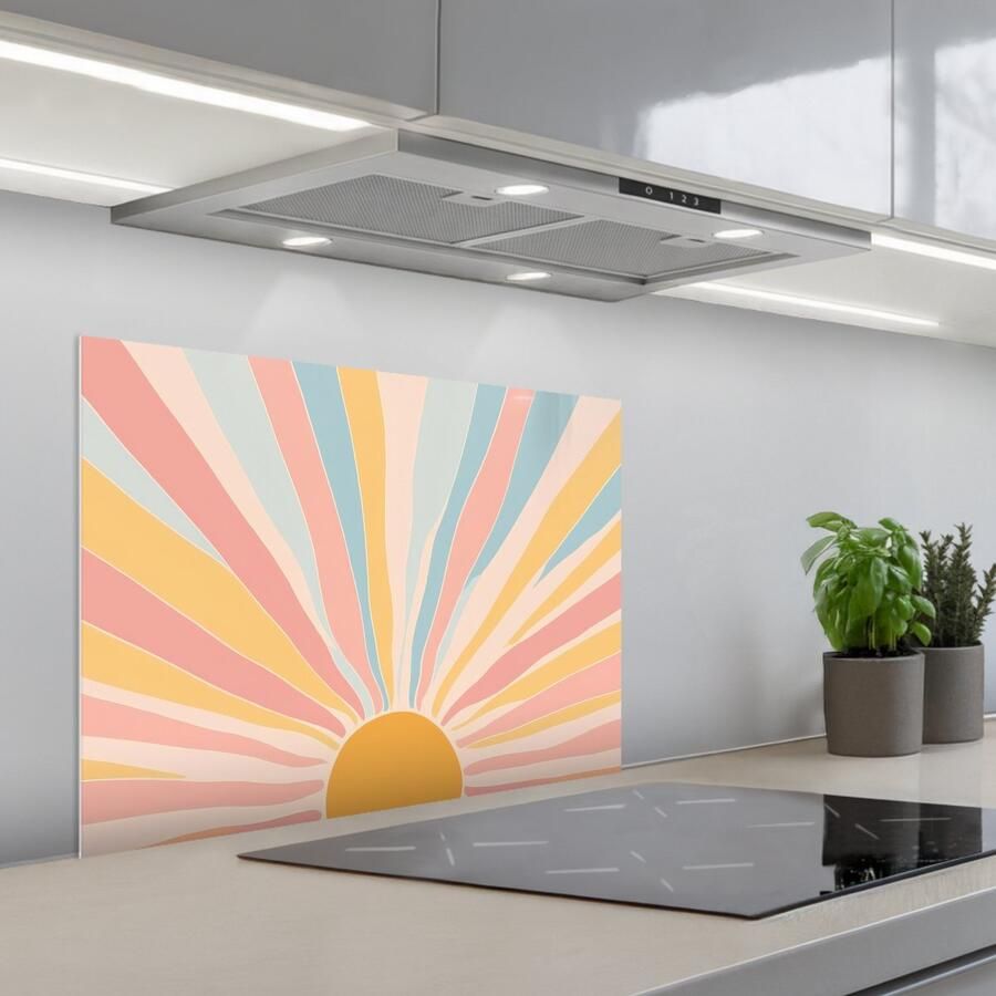 KitchenYeah Spatscherm 70x50 cm Zelfklevende achterwand Illustratie Zon Pastelkleuren Keuken muurbeschermer Spatwand fornuis