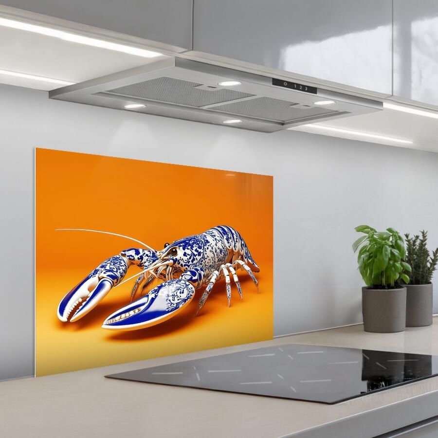 KitchenYeah Spatscherm 70x55 cm Zelfklevende achterwand Kreeft Delftsblauw Schild Stoer Oranje Keuken muurbeschermer Spatwand fornuis