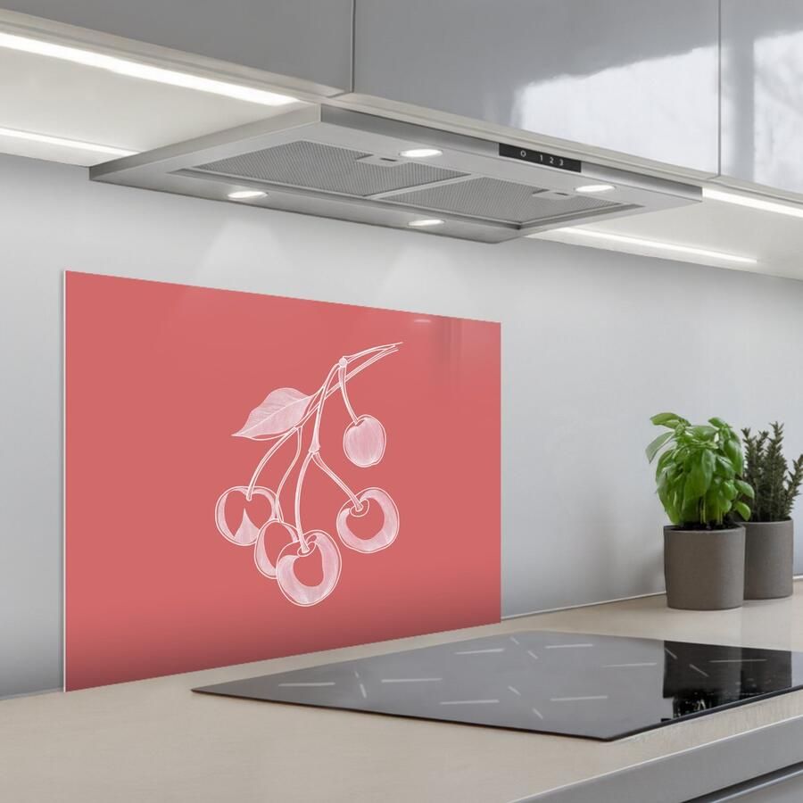 KitchenYeah Spatscherm 70x50 cm Zelfklevende achterwand Lijnillustratie Kersen Tak Wit Keuken muurbeschermer Spatwand fornuis