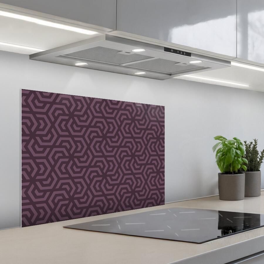 KitchenYeah Spatscherm 70x55 cm Zelfklevende achterwand Paars Geometrisch Patroon Donker Keuken muurbeschermer Spatwand fornuis