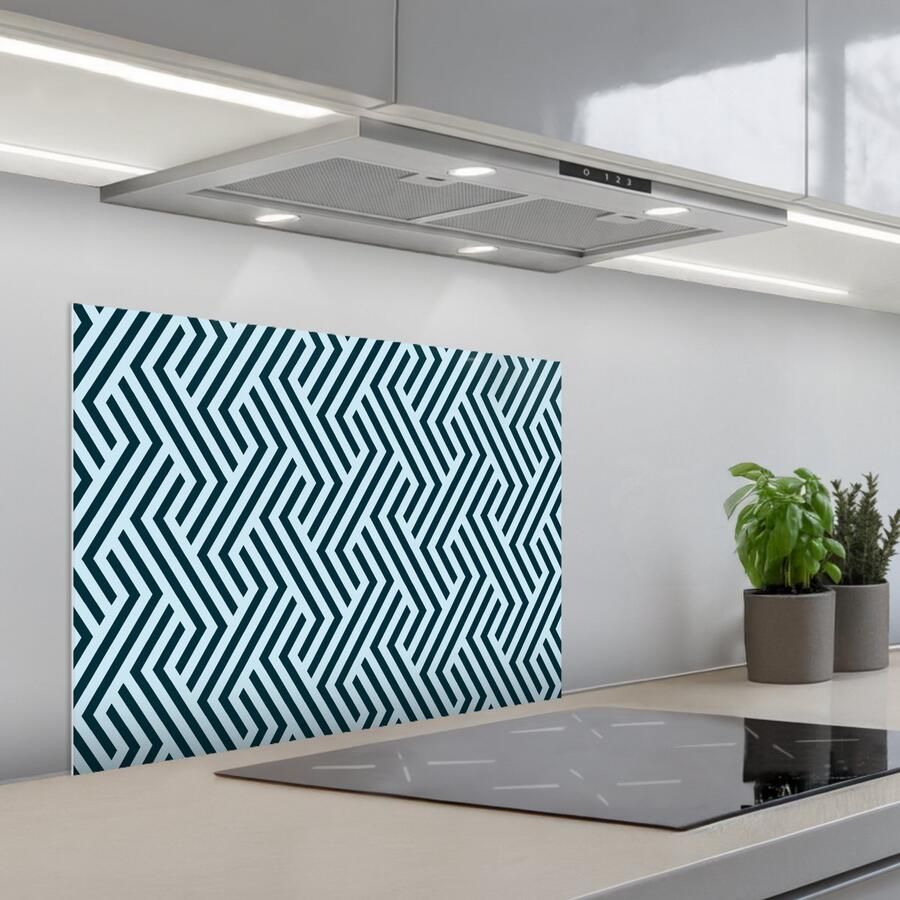 KitchenYeah Spatscherm 70x55 cm Zelfklevende achterwand Patroon Blauw Lijnen Zigzag Keuken muurbeschermer Spatwand fornuis