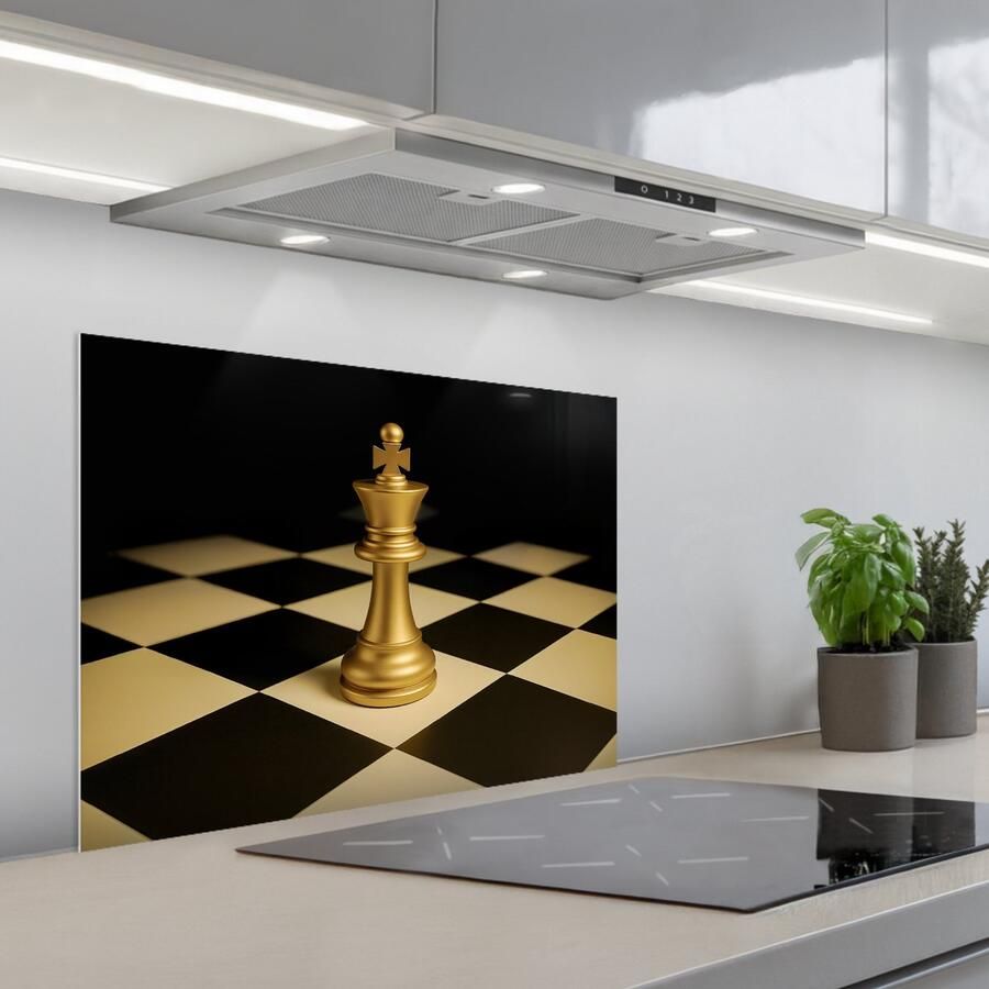 KitchenYeah Spatscherm 70x50 cm Zelfklevende achterwand Schaakstuk Koning Schaakbord Geblokt Keuken muurbeschermer Spatwand fornuis