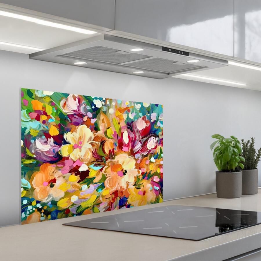 KitchenYeah Spatscherm 70x55 cm Zelfklevende achterwand Schilderij Olieverf Bloemen Regenboog Keuken muurbeschermer Spatwand fornuis
