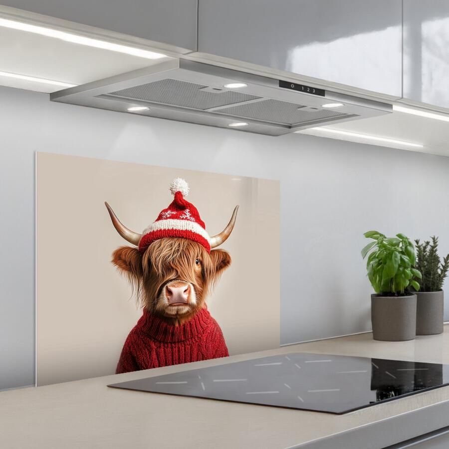 KitchenYeah Spatscherm 70x50 cm Zelfklevende achterwand Schotse Hooglander Kerst Muts Trui Winter Keuken muurbeschermer Spatwand fornuis