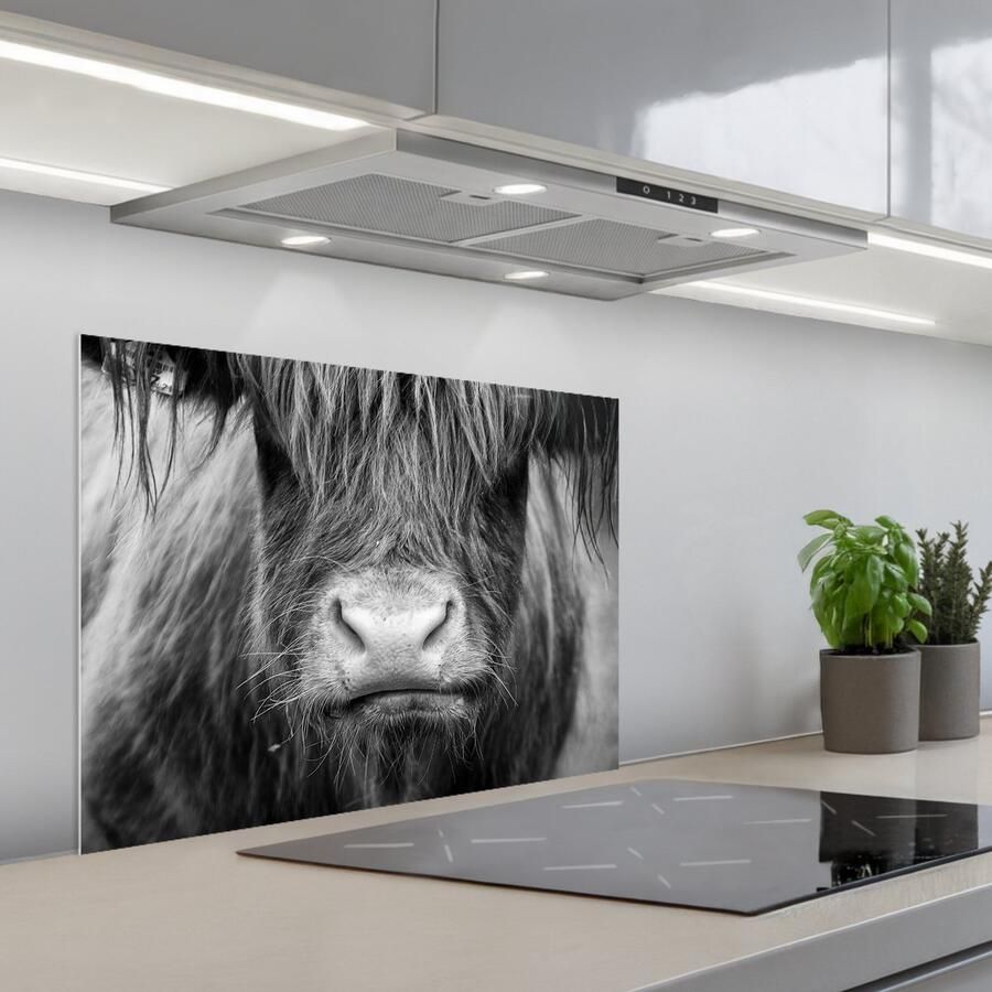 KitchenYeah Spatscherm 70x55 cm Zelfklevende achterwand Schotse hooglander Koe Zwart Wit Dieren Keuken muurbeschermer Spatwand fornuis