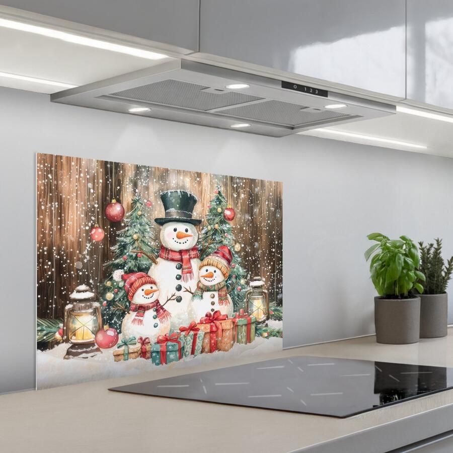 KitchenYeah Spatscherm 70x55 cm Zelfklevende achterwand Sneeuwpop Familie Kleurrijk Keuken muurbeschermer Spatwand fornuis