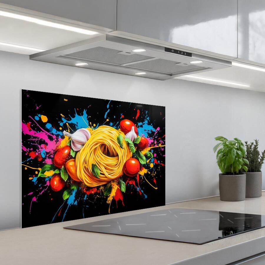 KitchenYeah Spatscherm 70x55 cm Zelfklevende achterwand Spaghetti Graffiti Verf Kleurrijk Eten Modern Keuken muurbeschermer Spatwand fornuis