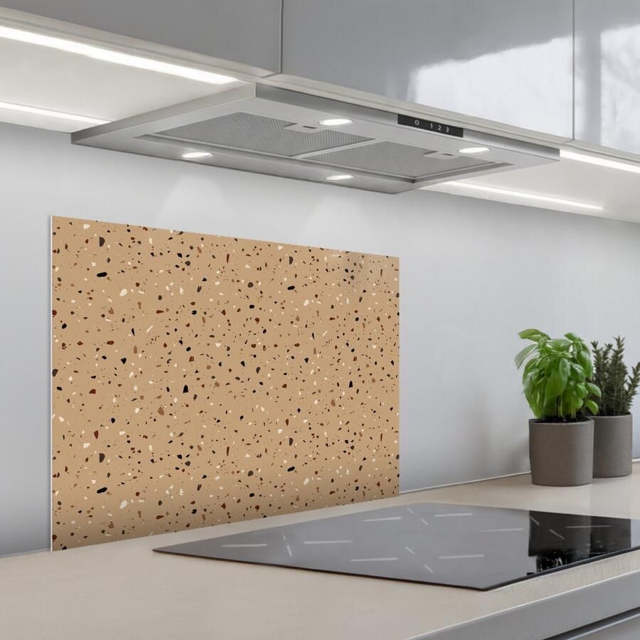 KitchenYeah Spatscherm 70x50 cm Zelfklevende achterwand Terrazzo Patroon Beige Keuken muurbeschermer Spatwand fornuis