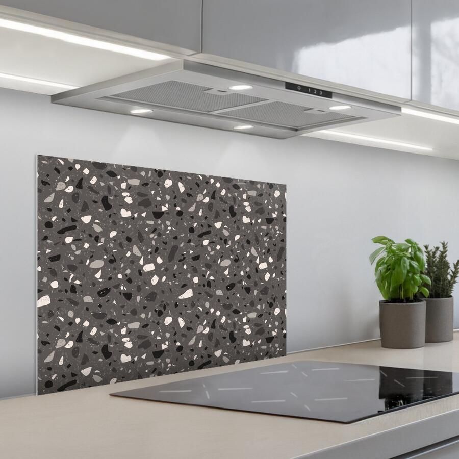 KitchenYeah Spatscherm 70x50 cm Zelfklevende achterwand Terrazzo Patroon Grijs Keuken muurbeschermer Spatwand fornuis