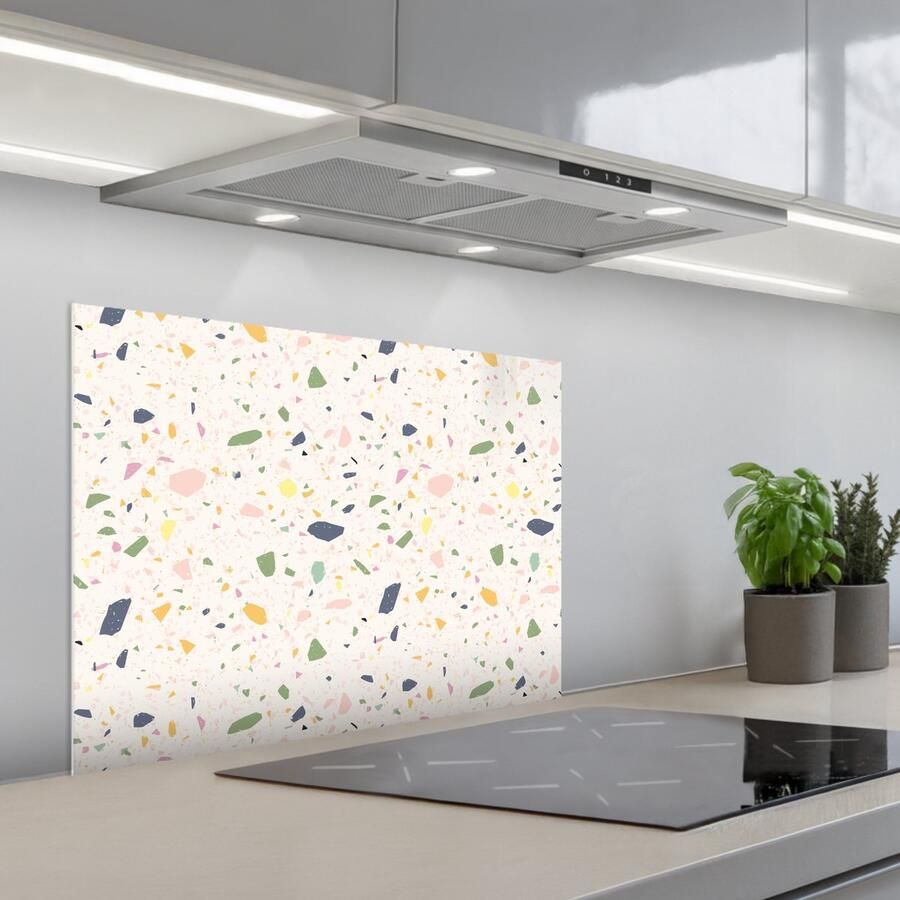 KitchenYeah Spatscherm 70x50 cm Zelfklevende achterwand Terrazzo Patroon Kleurrijk Festival Keuken muurbeschermer Spatwand fornuis