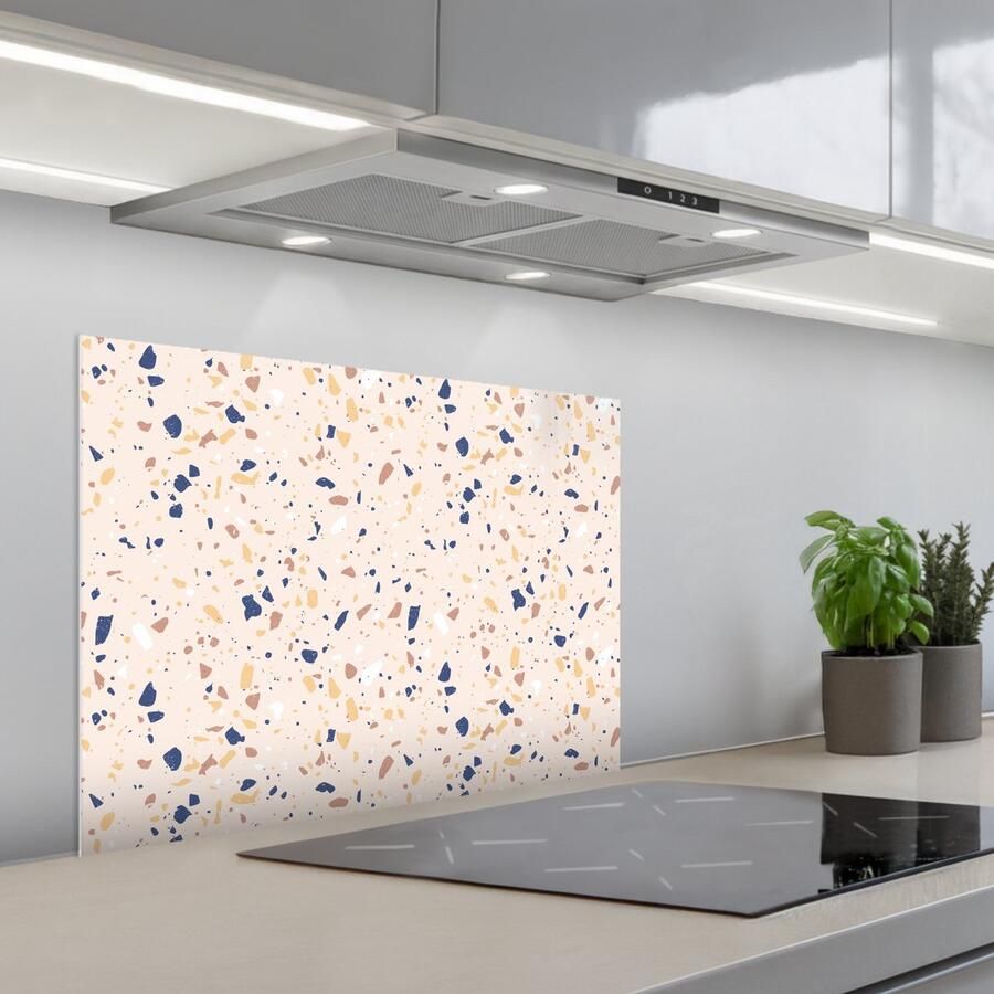 KitchenYeah Spatscherm 70x55 cm Zelfklevende achterwand Terrazzo Patroon Kleurrijk Indigo Keuken muurbeschermer Spatwand fornuis