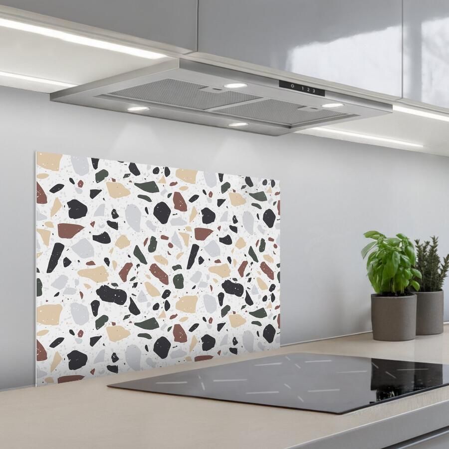 KitchenYeah Spatscherm 70x55 cm Zelfklevende achterwand Terrazzo Patroon Kleurrijk Klei Keuken muurbeschermer Spatwand fornuis