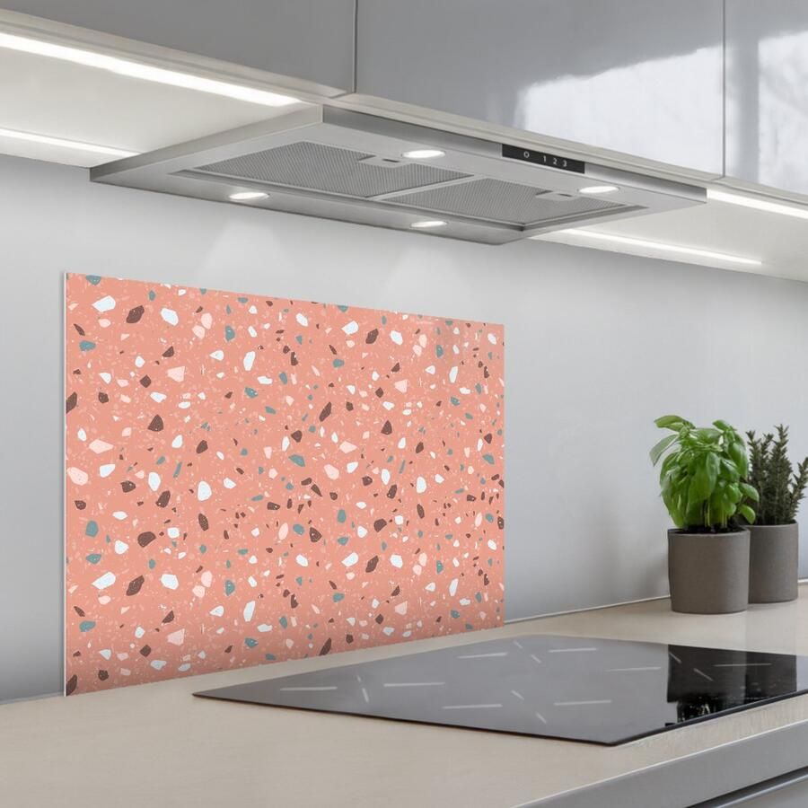 KitchenYeah Spatscherm 70x55 cm Zelfklevende achterwand Terrazzo Patroon Kleurrijk Roze Blauw Keuken muurbeschermer Spatwand fornuis