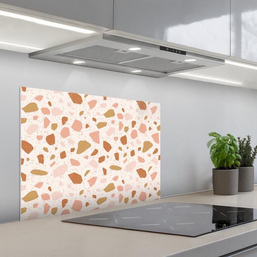KitchenYeah Spatscherm 70x50 cm Zelfklevende achterwand Terrazzo Patroon Kleurrijk Zalm Keuken muurbeschermer Spatwand fornuis