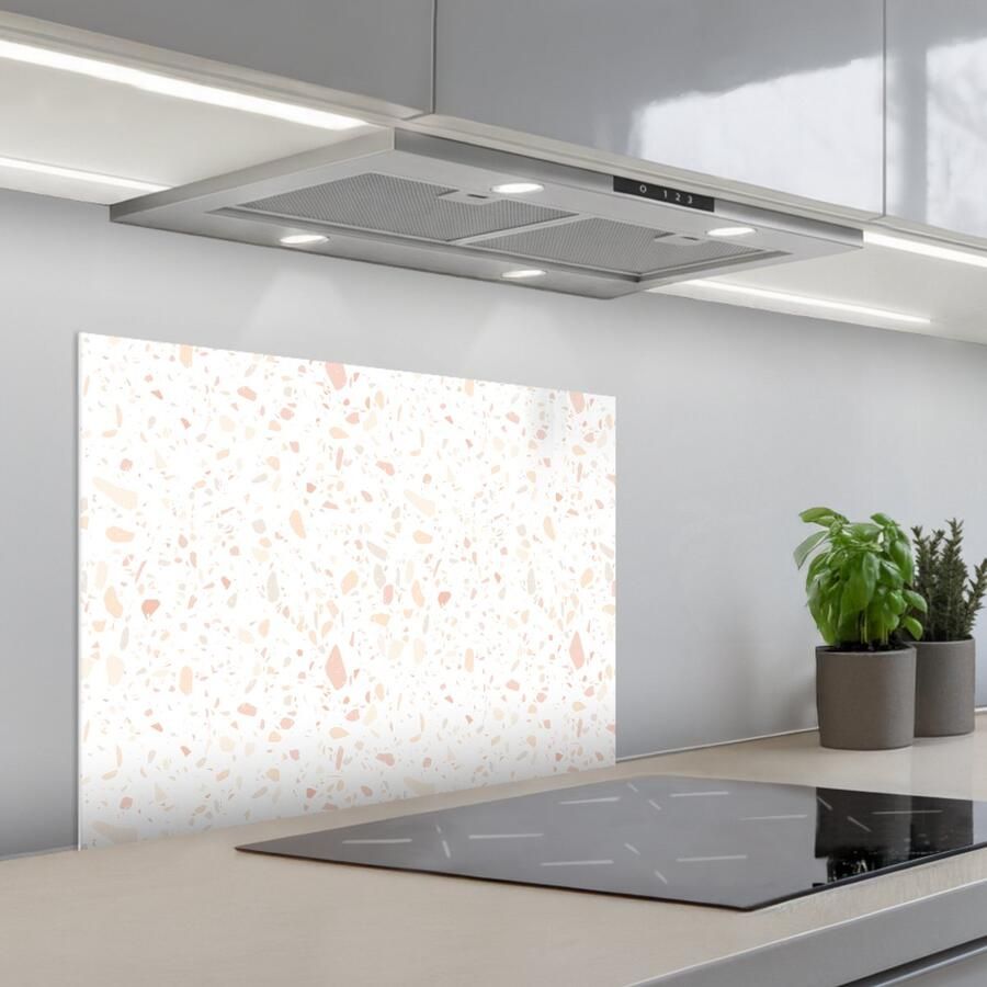 KitchenYeah Spatscherm 70x55 cm Zelfklevende achterwand Terrazzo Patroon Wit Perzik Keuken muurbeschermer Spatwand fornuis