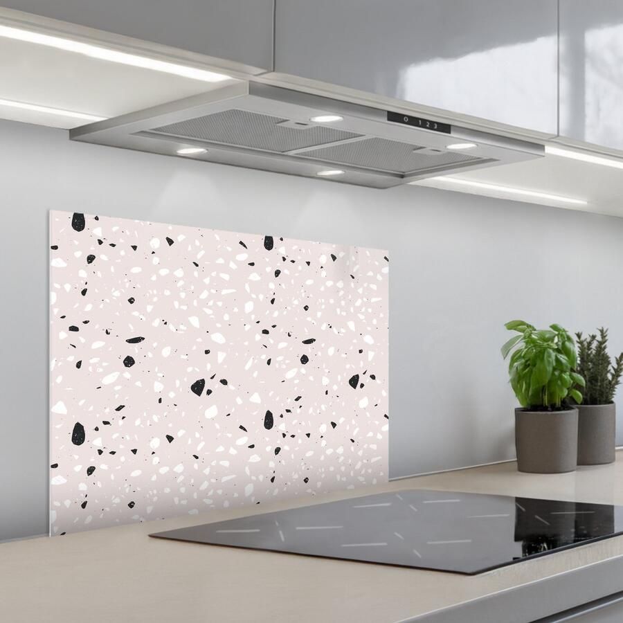 KitchenYeah Spatscherm 70x55 cm Zelfklevende achterwand Terrazzo Patroon Zacht Zwart Wit Keuken muurbeschermer Spatwand fornuis