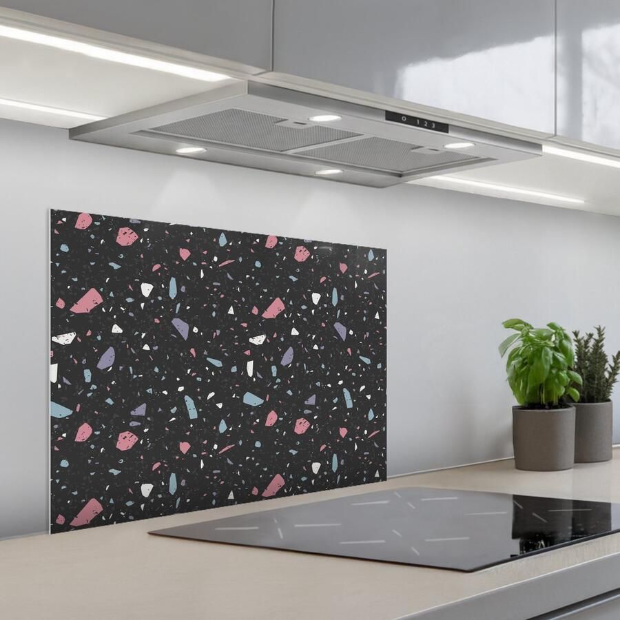 KitchenYeah Spatscherm 70x55 cm Zelfklevende achterwand Terrazzo Patroon Zwart Zacht Keuken muurbeschermer Spatwand fornuis