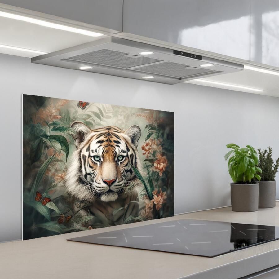 KitchenYeah Spatscherm 70x55 cm Zelfklevende achterwand Tijger Vlinders Dieren Jungle Bloemen Keuken muurbeschermer Spatwand fornuis